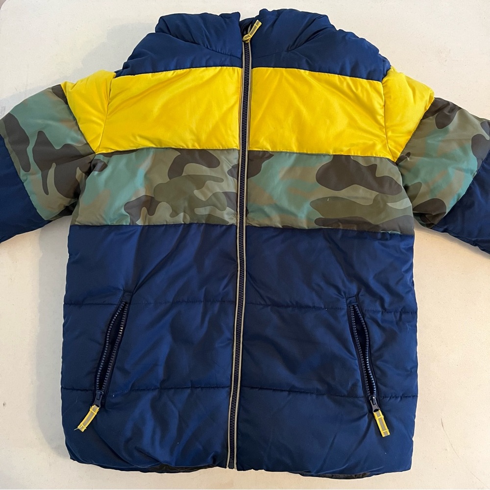 Boden Puffer Jacket Youth 15-16 Blue Yellow Camo Hooded Full Zip